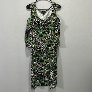 Bold Elements Tropical Leopard Print Dess Cold Shoulder V Neck Women's Large